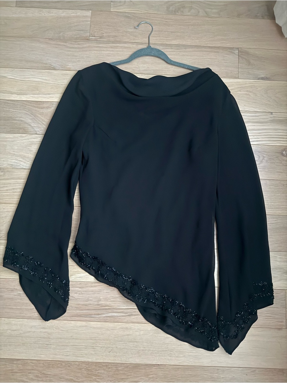 Y2K Sandra Darren Black Asymmetric Beaded Blouse